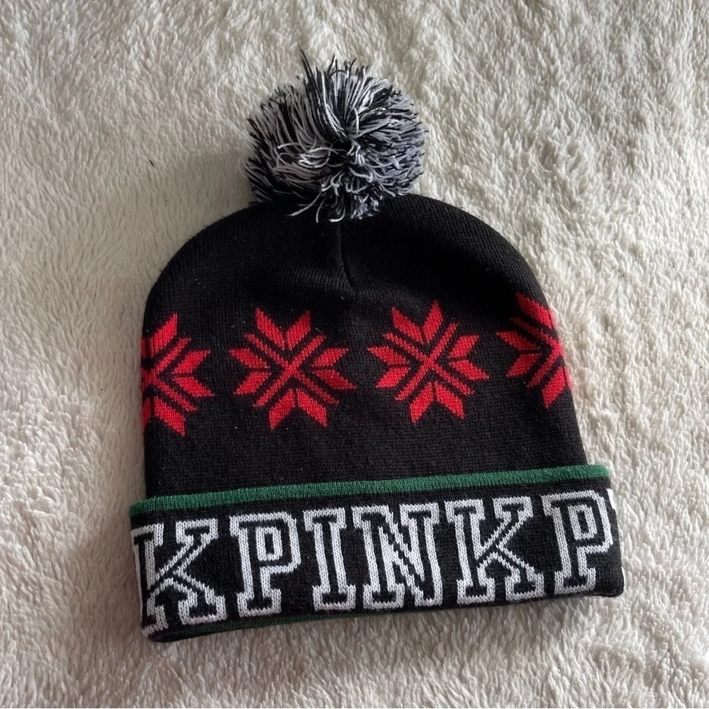 Victoria’s Secret PINK logo Christmas winter bobble beanie toboggan hat